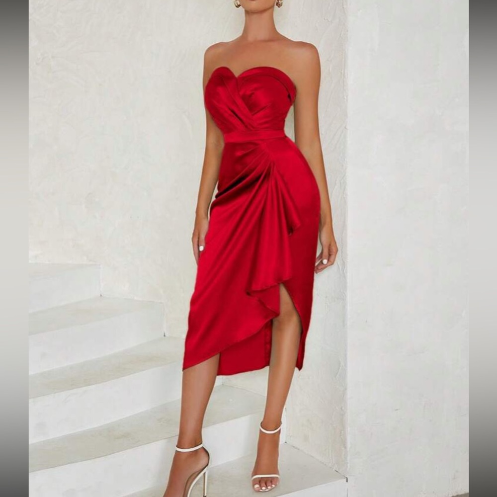 Luxe ruched ruffle party formal tube satin dress - Picture 6 of 7